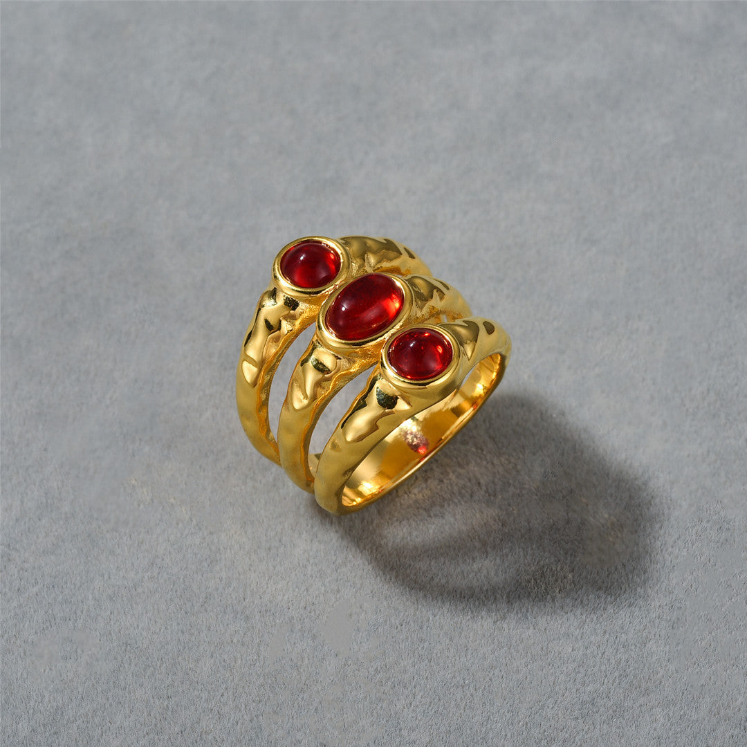 Womens Gold Ring Ruby Irregular Texture Layered Inlaid Design Brass Plated 18K Gold Jewelry Gift For Her Everyday Wear