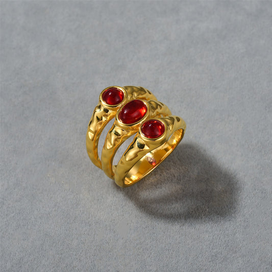 Womens Gold Ring Ruby Irregular Texture Layered Inlaid Design Brass Plated 18K Gold Jewelry Gift For Her Everyday Wear