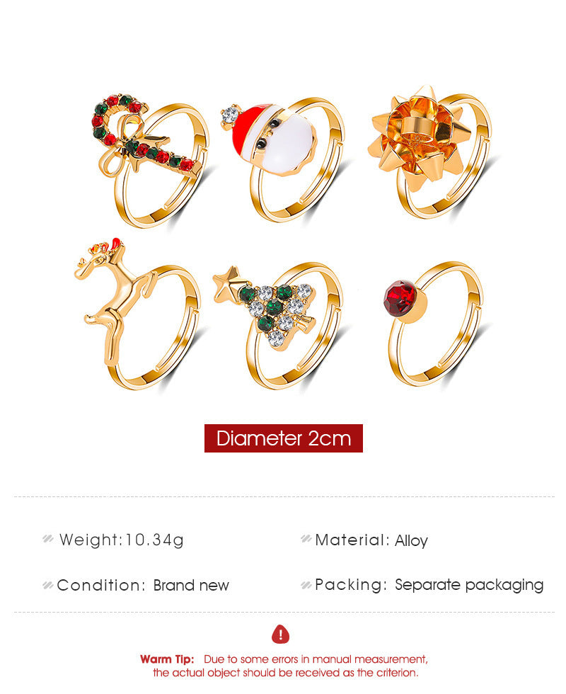 Christmas Rings Set Cartoons Elk Tree Festive Holiday Jewelry Electroplated Alloy European American Six Pieces