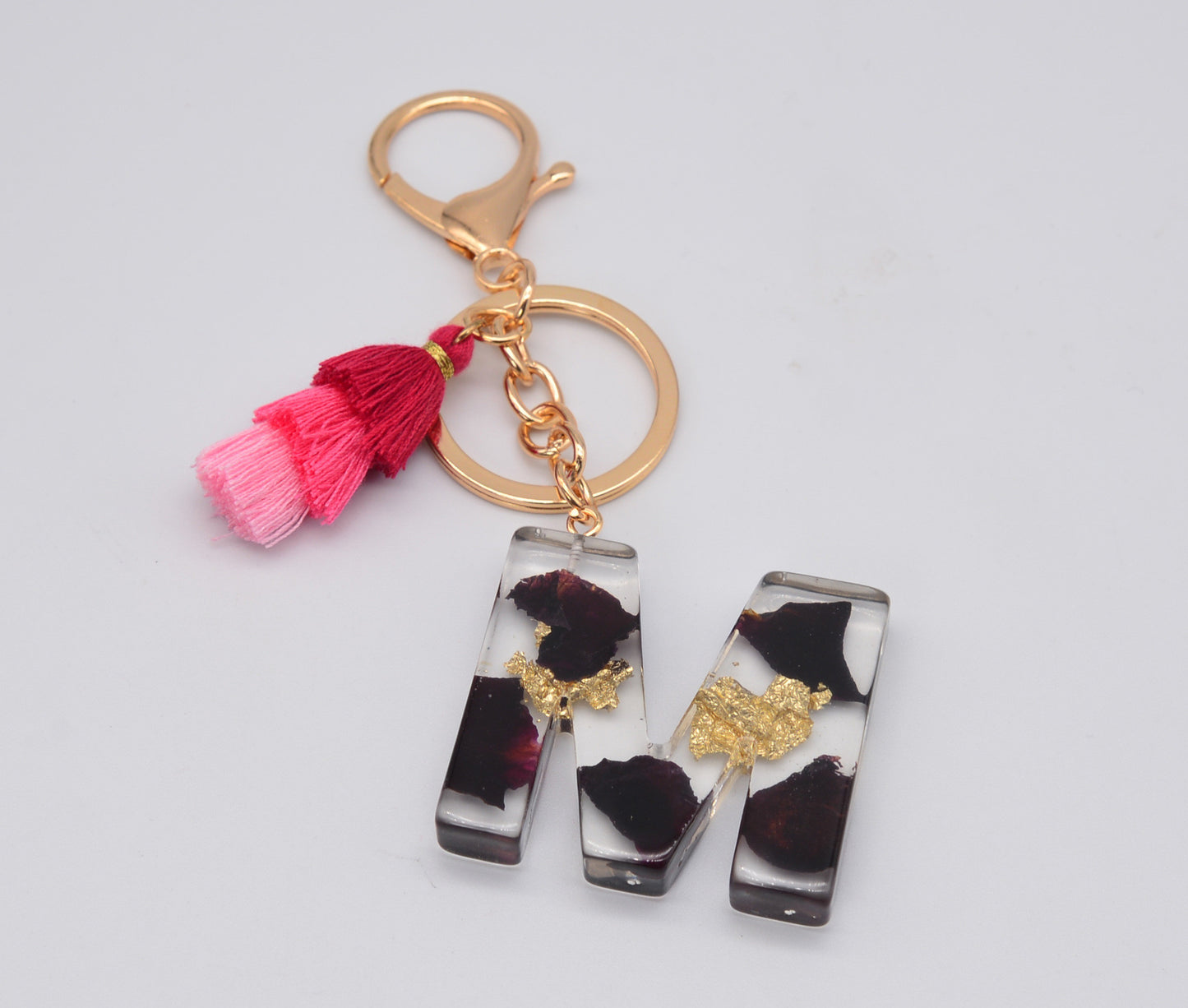 Resin Floral Keychain With Tassel Pendant Black Rose Design Durable Craftsmanship Initial Letter Bag Accessory