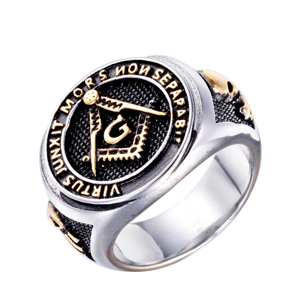 Men's Religious Masonic Ring Stainless Steel Band Geometric Freemason Ring Steel and Gold Finish Metal Ring for Men Fashion Jewelry Size 7 8 9 10 11 12 13