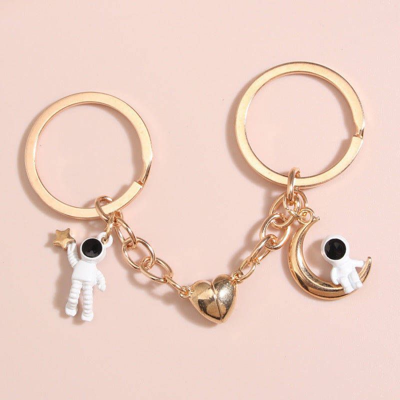 Astronaut Metal Keychain With Love Magnet Gold Color Key Ring For Women Beautiful Design High Quality Everyday