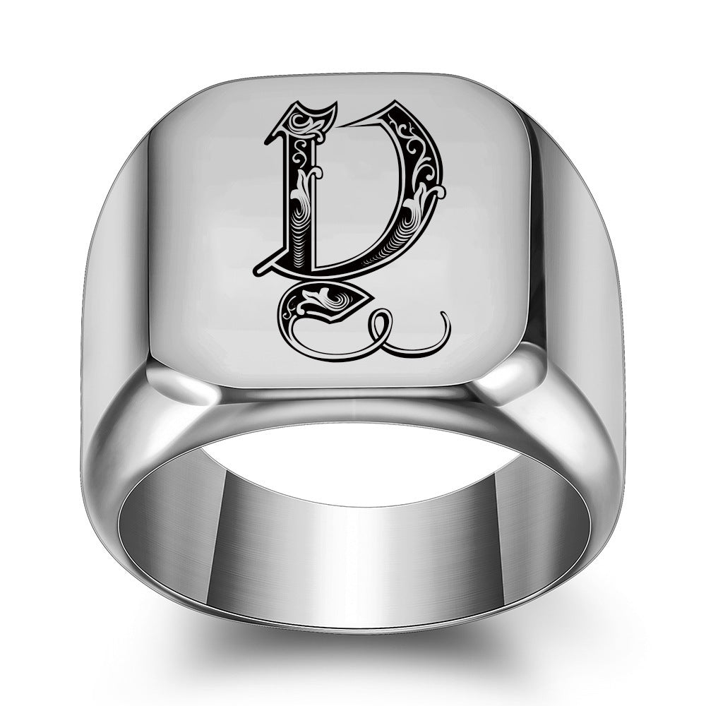 Mens Initial Letter Ring Titanium Steel Retro Alphabet Band Personalized Durable High Quality Fashion Jewelry For Men