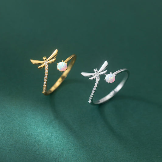 Womens 925 Sterling Silver Dragonfly Ring Adjustable Open Ring With Cute Opal Inlay Design Silver Or Gold Ring