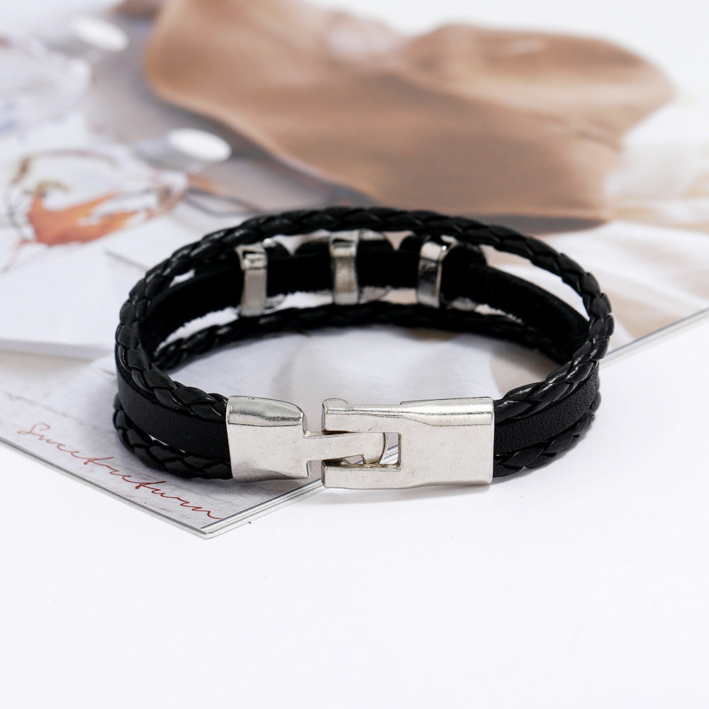 Mens Braided Leather Bracelet With Skull Accent Wristband