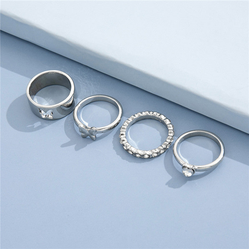 Four Piece Ring Set Alloy Rings With Butterfly Rhinestones And Love Joint Design Elegant Fashion Jewelry Women