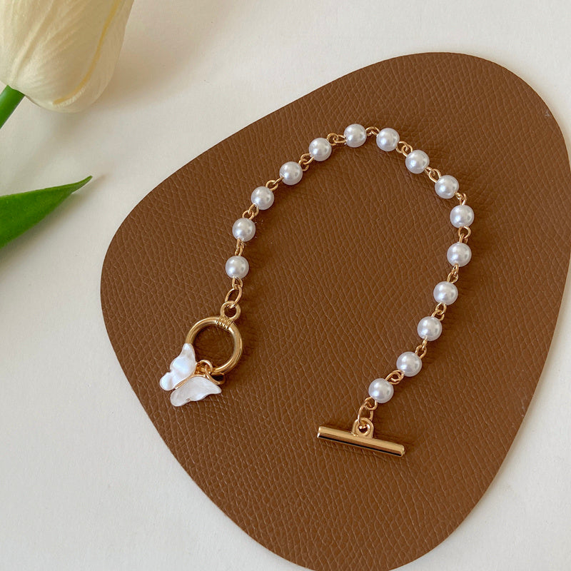 Gold Pearl Butterfly Bangle With Love Charms Bracelet