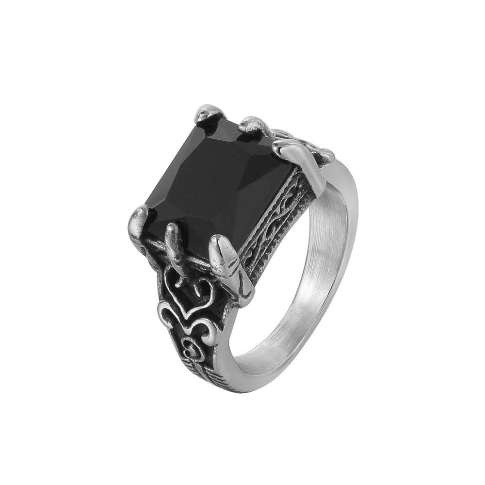Mens Titanium Steel Ring With Square Black Onyx Stone Retro Band For Him Sizes 7 8 9 10 11 12 Durable Everyday Wear