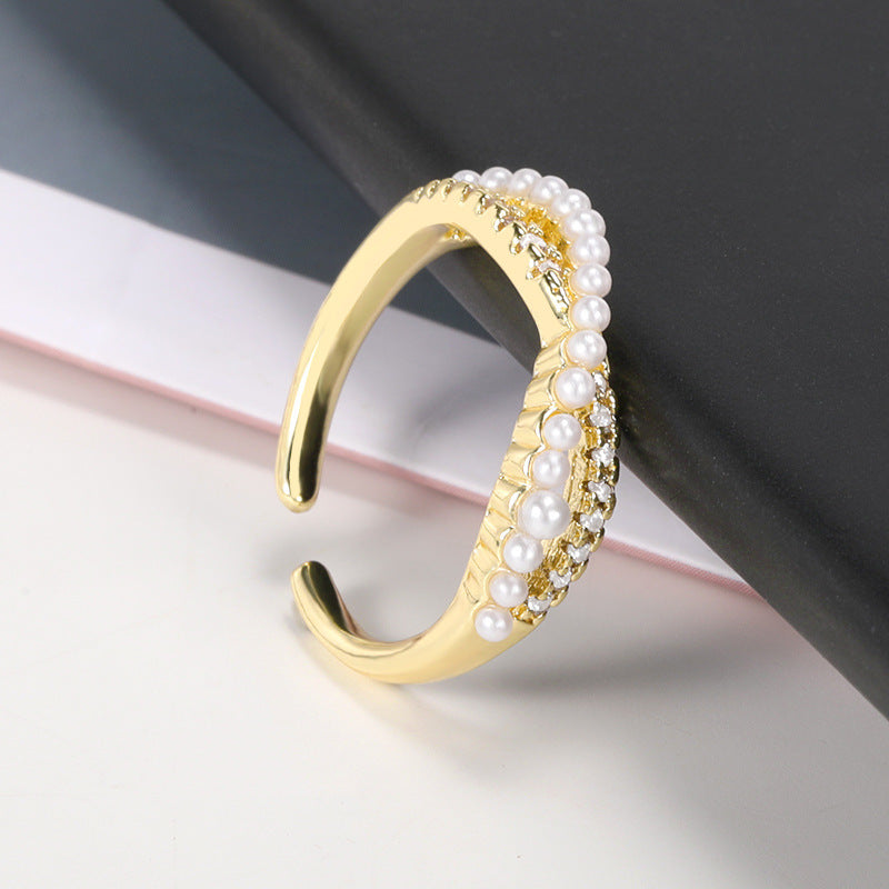 Golden Brass Pearl Temperament Cross Finger Ring Adjustable