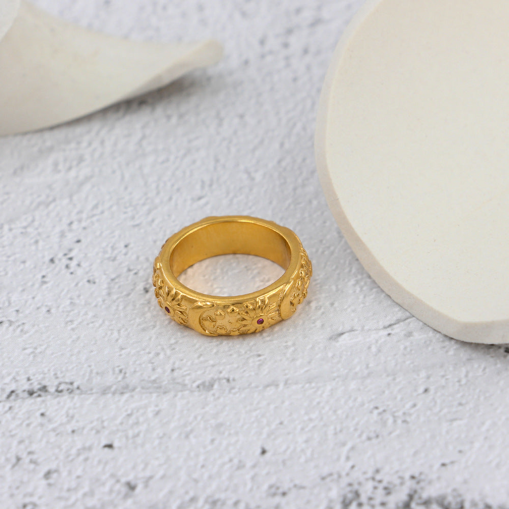 Women's Stainless Steel Ring with Sun Moon and Star Zircon Electroplated Design Fashion Jewelry Ring Gift for Her White Green or Pink Ring