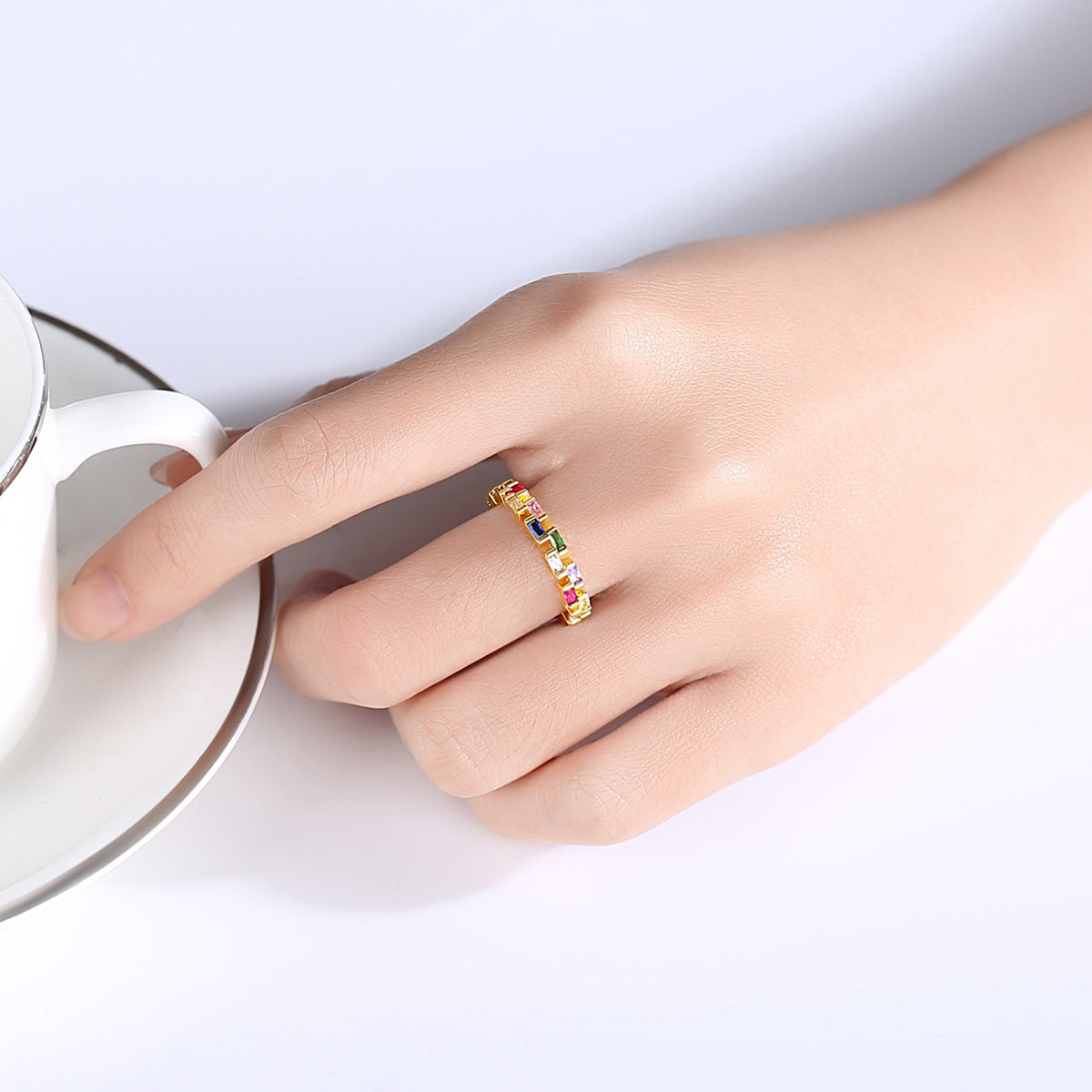 Womens Gold Plated Ring With Color Zircon Geometric Design Fashion Jewelry For Daily Wear And Special Occasion