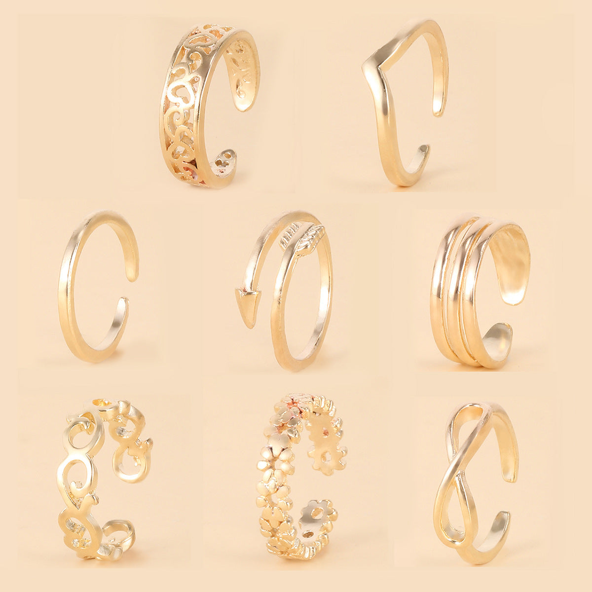 Women Adjustable Toe Ring Set Geometric Alloy Rings European American Beach Jewelry Gold Tone Silver Tone 8pcs