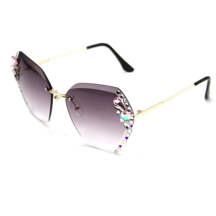 Womens Rhinestone Sunglasses Frameless Metal Frame PCLens Fashion Eyewear Exquisite Design Lightweight Glasses
