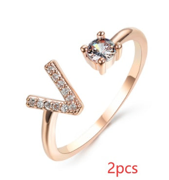 Womens Initial Letter Ring Adjustable Vintage Jewelry Zircon Accents Alloy Rhinestone Ring Perfect For Gifting