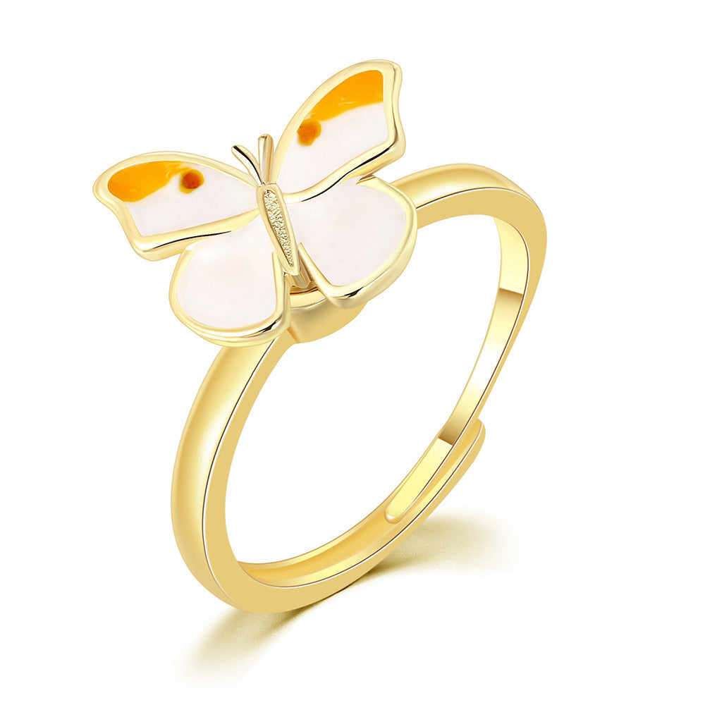 Womens Copper Inlaid Zircon Butterfly Ring Drip Oil Adjustable Opening Trendy Fashion Jewelry Gift for Her Now