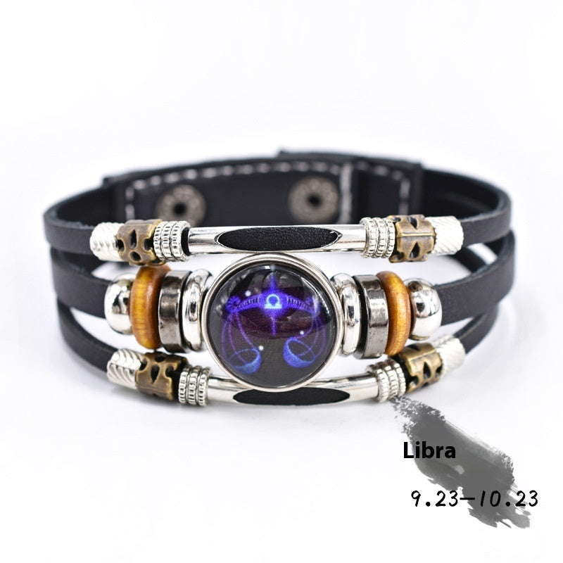 Woven Leather Bracelet With Three Layer Beads And Metal Accents Retro Ethnic Patterned Distressed Constellation
