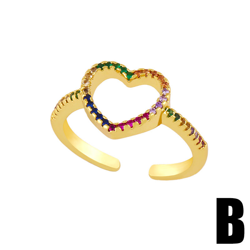 Adjustable Copper Ring For Women Heart Shaped Zircon Inlay Jewelry With Elegant European American Style Design