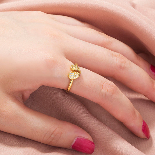 Adjustable Brass Gold Plated Couple Ring With Heart Zircon