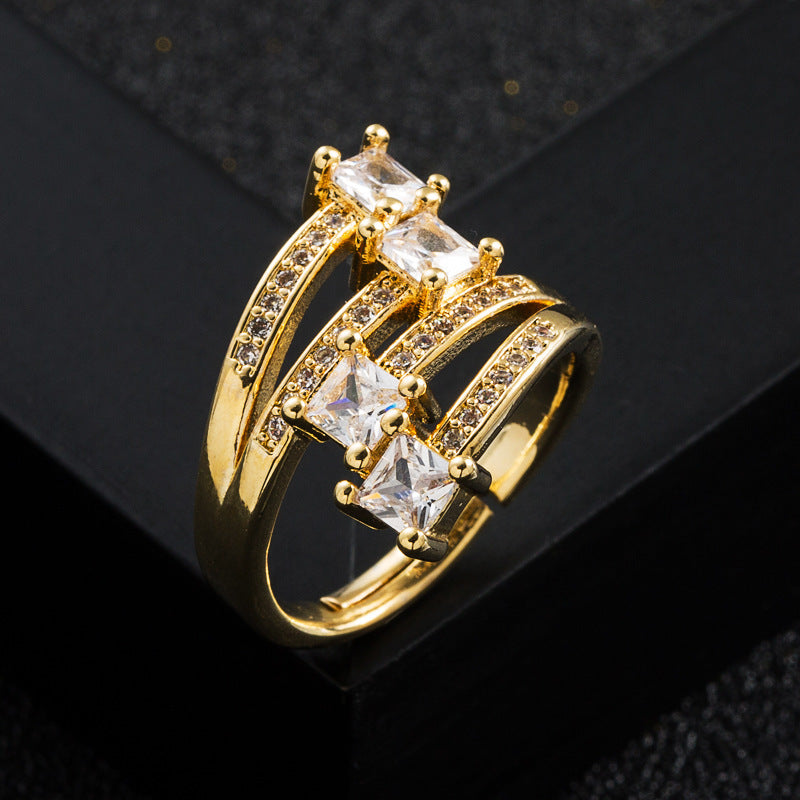 Copper Plated 18K Gold Micropaved Zircon Geometry Ring for Women Stylish Statement Jewelry Accessory For Daily Wear