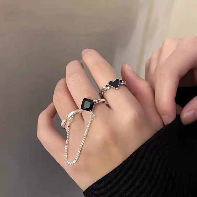 Womens Butterfly Ring Electroplated Trendy Alloy Ring Featuring Square Diamond Chain and Black Heart Daily Wear