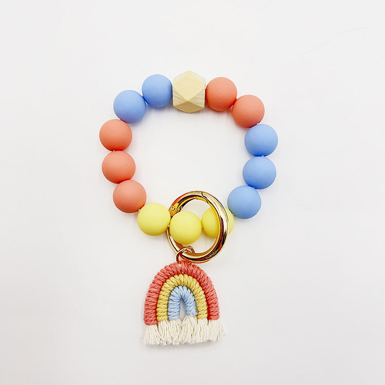 Beaded Bracelet Keychain Handmade Acrylic With Rainbow Tassel And Candy Color Beads European Style Fashionable
