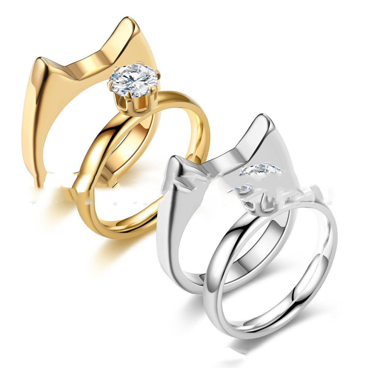 Stainless Steel Cat Ear Couple Ring Set For Women Polished Band 2mm Thick 4mm Wide Cute Jewelry For Women Lovers Gift