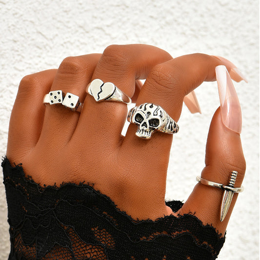 Women Ring Set Silver Tone Fashion Rings With Skull Heart Geometric Ornaments Alloy Electroplated For Everyday Wear