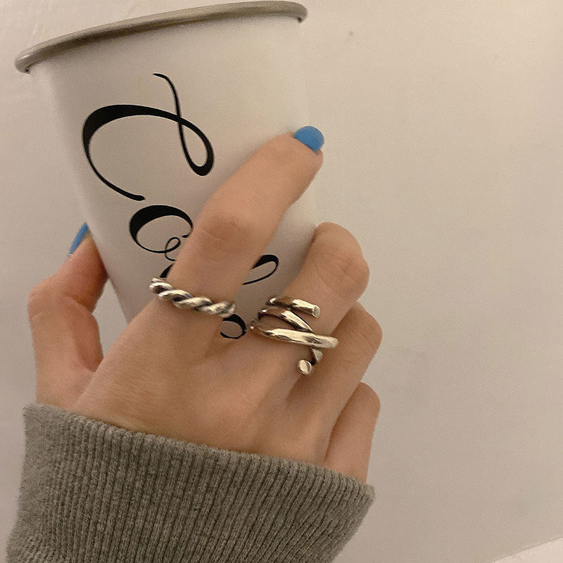 Geometric Thai Silver Plated Ring Korean Twist Metal Jewelry Gift for Her Elegant Daily Wear Accessory Everyday Style