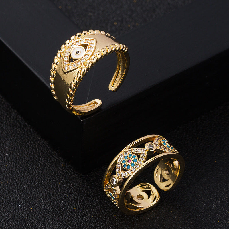 Gold Plated Copper Ring With Zircon Devils Eye Geometric Design For Unisex Fashion Jewelry Accessory Gift Idea