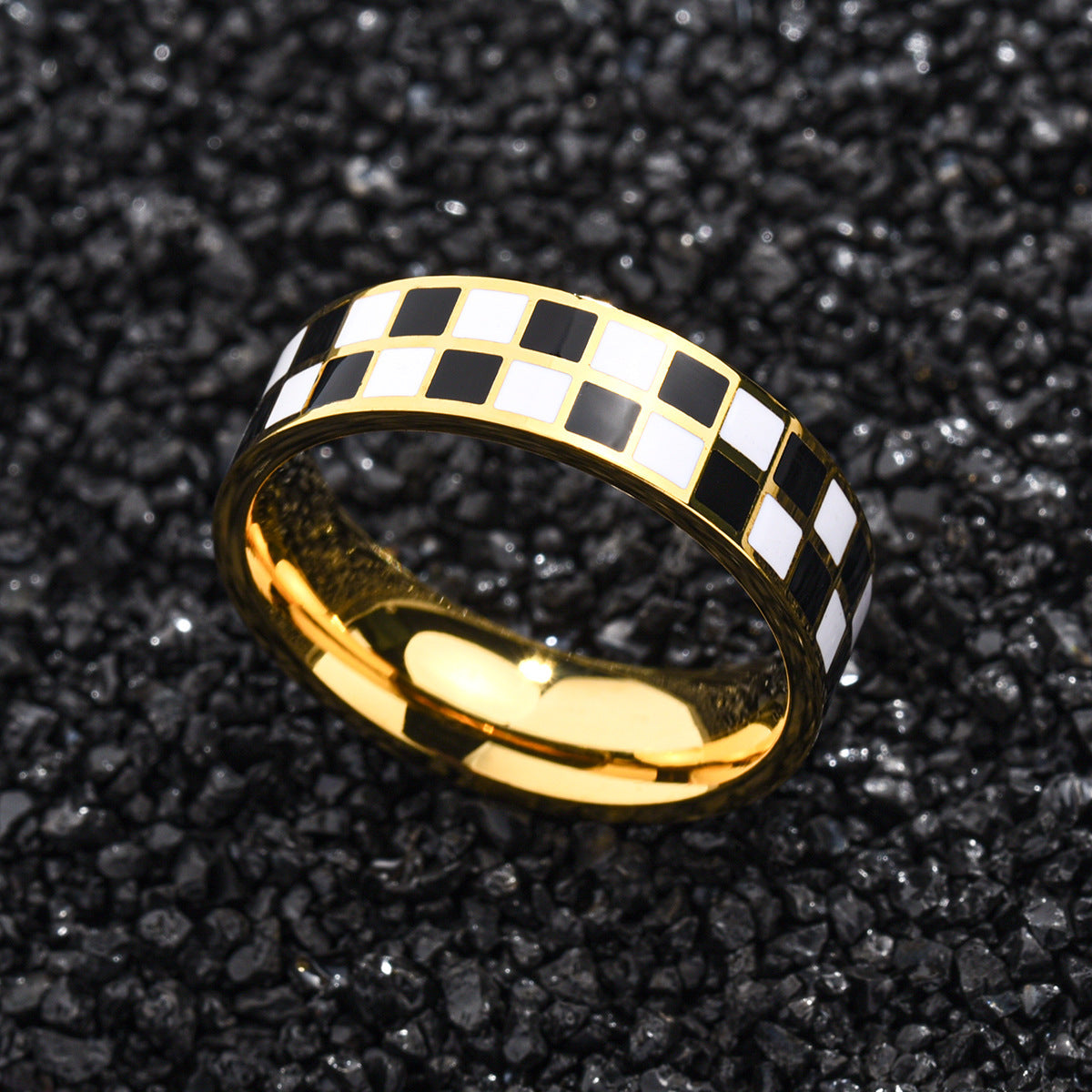 Mens Stainless Steel Checkered Ring Black White Geometric Pattern Fashion Accessory Durable Modern Jewelry Gem