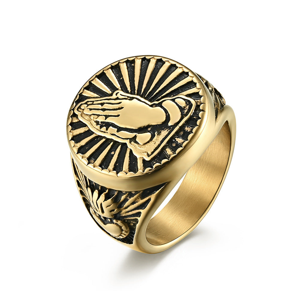 European And American Style Christian Prayer Hands Stainless Steel Ring Ring