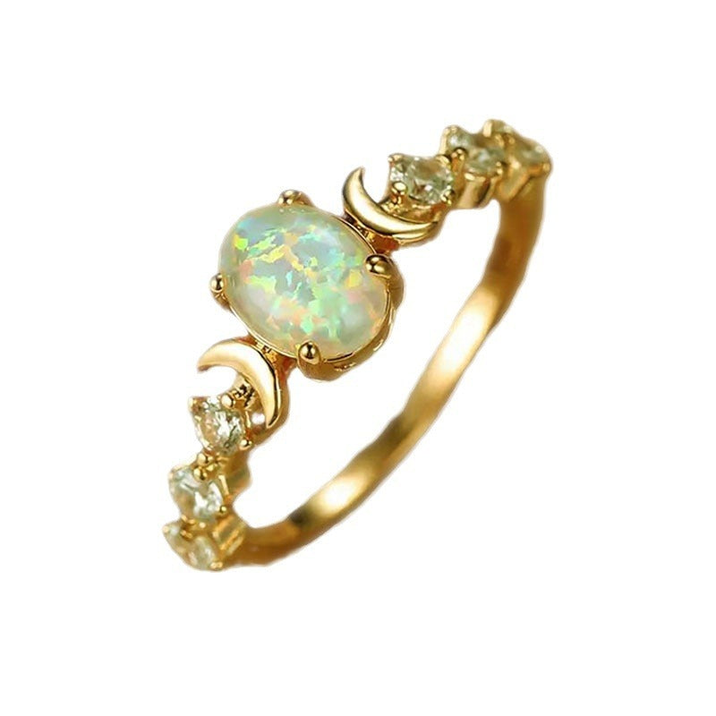 Retro Oval Opal Copper Ring With Geometrical Diamond Studded Design For Women Moon Electroplated Copper Finish
