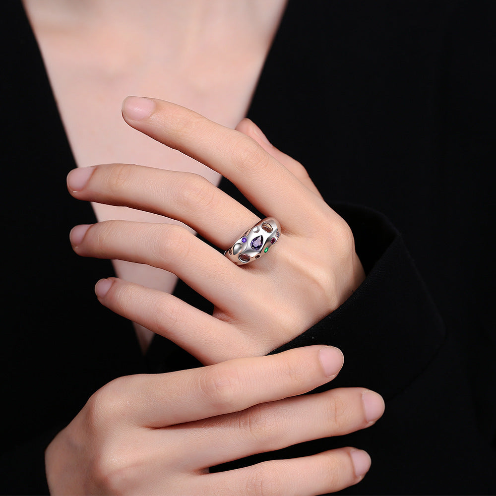 Womens Colorful Rhinestones Ring Adjustable Coppery White Gold Plated Fashion Jewelry Statement Piece Everyday