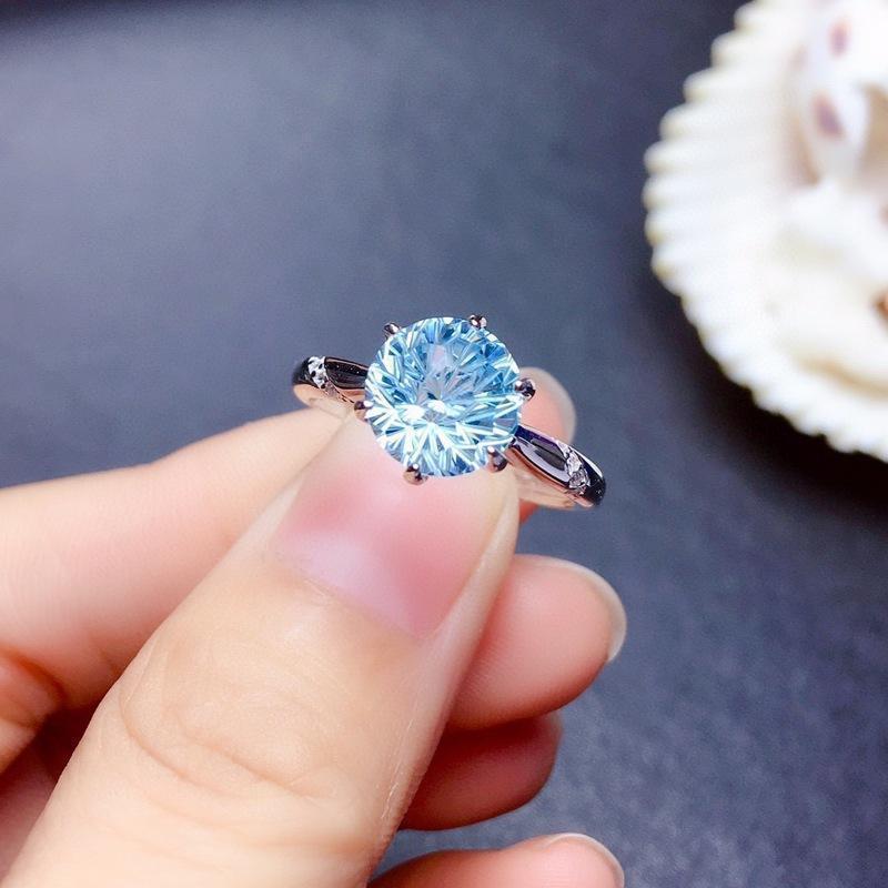 Womens Ring Natural Sky Blue Topaz Fireworks Cut Adjustable Opening Geometric Copper Elegant Fashion Jewelry