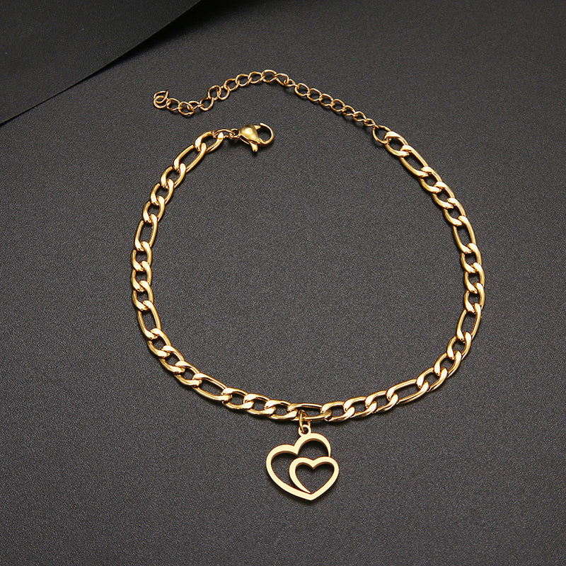 Stainless Steel Vintage Gold Double Heart Charm Figaro Chain Adjustable Bracelet 18cm For Women And Girls Gold