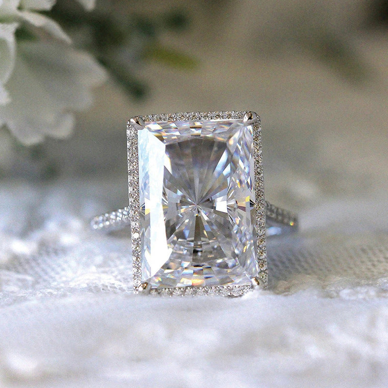 Inlaid Zircon Geometric Rectangular Ring Copper White Gold Plated For Women Dainty Elegant Everyday Jewelry Gift