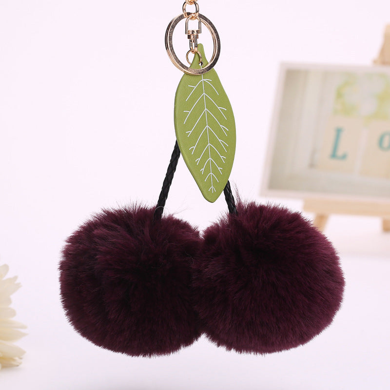 Womens Plush Cherry Keychain Cute Fruit Hair Ball Pendant Fluffy Pom Pom Handbag Charm Fashion Accessory Girls
