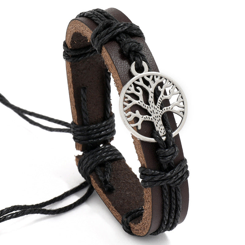 Unisex Leather Bracelet Woven Tree Of Life Geometric Design Vintage European American Jewelry Geometric Design