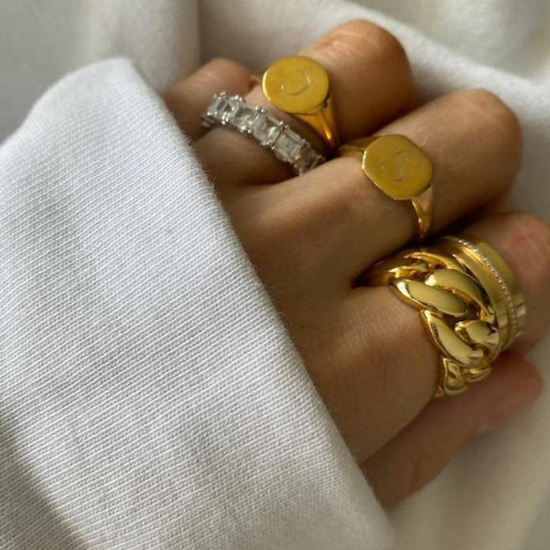 Gold Stainless Steel Geometric Chain Ring Unisex Jewelry Electroplated Women Girls Size 6 7 8 Everyday Wear Gift Idea