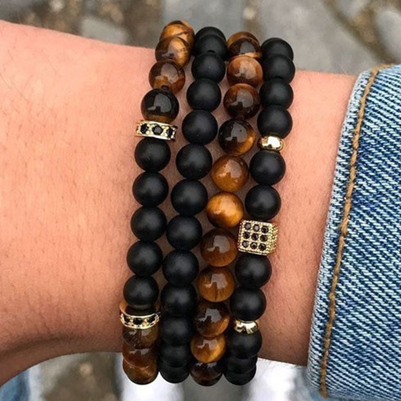 Mens Beaded Bracelet Handmade With European Geometric Stone Charm And Bright Black Zircon Matte Imperial Tiger