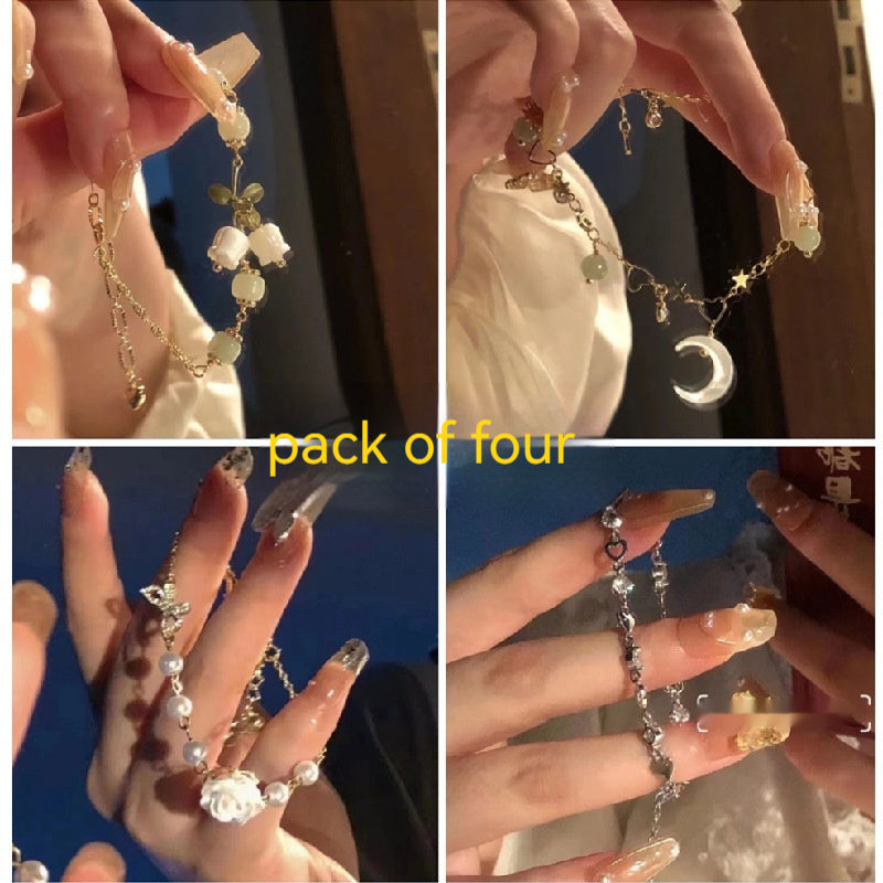 Electroplated Camellia Flower Lily Leaf Rhinestone Heart Bracelet Alloy Jewelry For Women Unisex Style Gift Idea