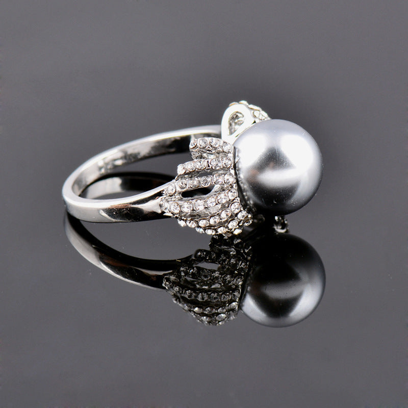 Openwork Full Diamond Pearl Ring For Women Grey And White