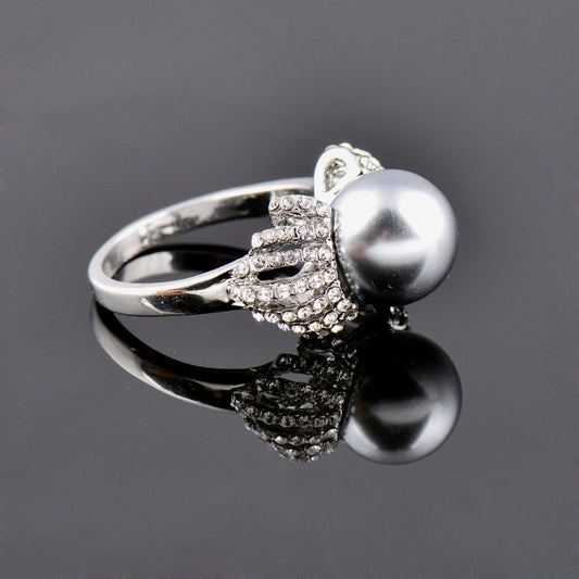Openwork Full Diamond Pearl Ring For Women Grey And White