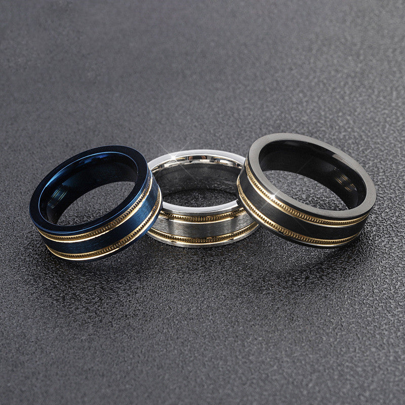 Simple Stainless Steel Men's Ring Two Tone Gold Blue Black Finish European Style Versatile Everyday Wear Elite