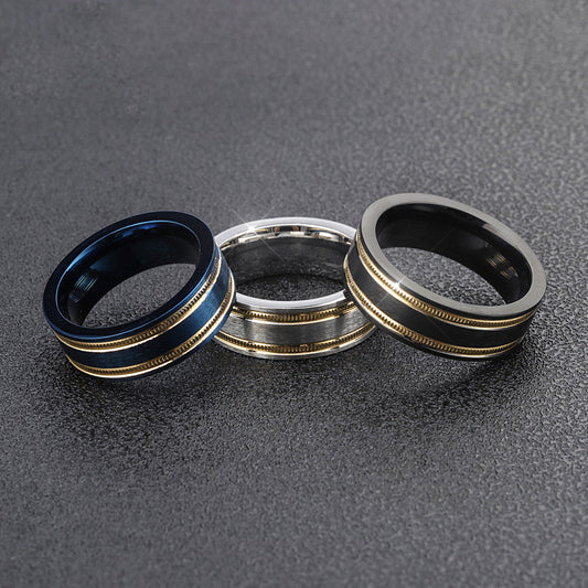 Simple Stainless Steel Men's Ring Two Tone Gold Blue Black Finish European Style Versatile Everyday Wear Elite