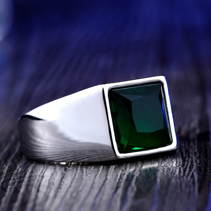 Mens Stainless Steel Inlaid Jewel Ring Retro Geometric Design Durable Fashion Accessory Statement Piece Green