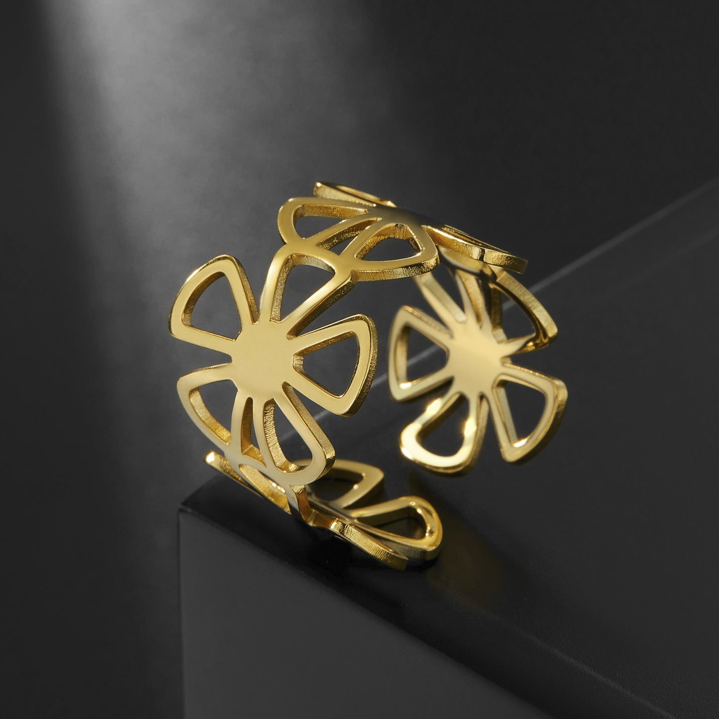 Unisex Stainless Steel Five Petal Flower Ring Adjustable