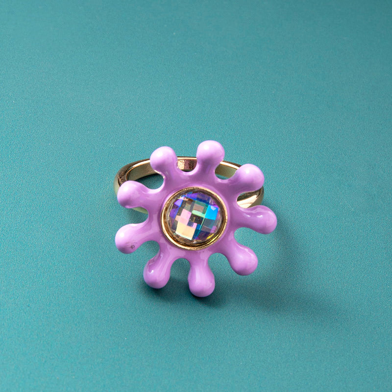 Zircon Purple Flower Ring Gold Tone Cocktail Jewelry Bohemian Vintage Fashion For Women Girls Dainty Accessory