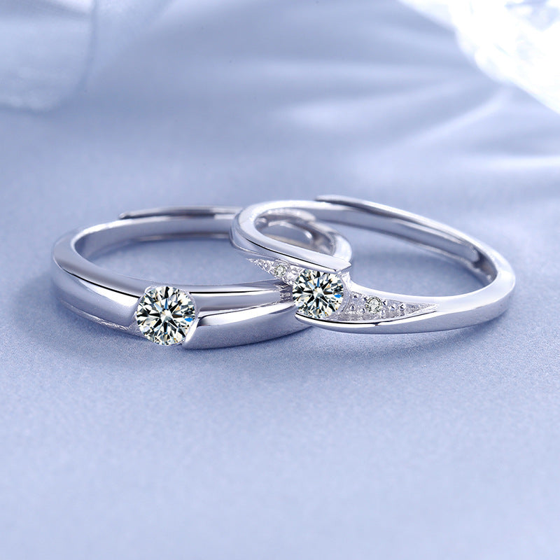 Sterling Silver Couple Ring With Zircon Diamonds Adjustable Geometric Matching Rings For Women And Men Jewelry