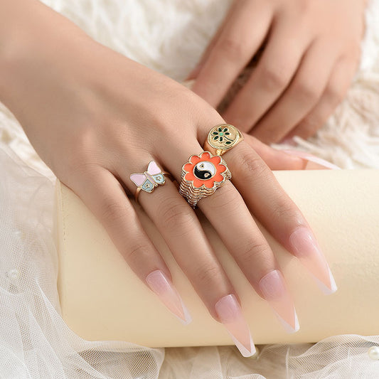 Women Alloy Butterfly Ring Set Three Piece Geometric Dripping Oil Design Elegant Fashion Jewelry For All Occasions